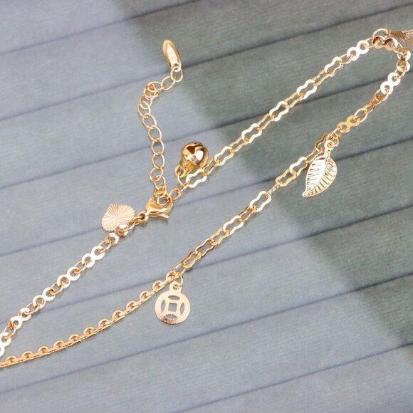 "Rose Gold Plated Dual Chain Anklet with Leaf and Fan Charms, XPAL1194 - Picture 1 of 12